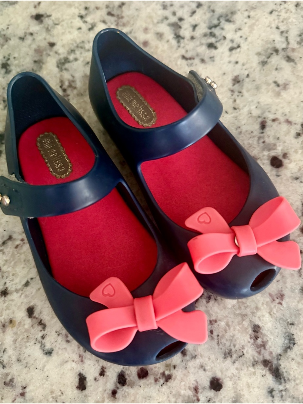 Mini Melissa Navy Blue Mary Jane Shoes with Pink Bow